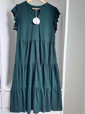 Tiered Ruffle Sleeve Maxi Dress in Dark Green